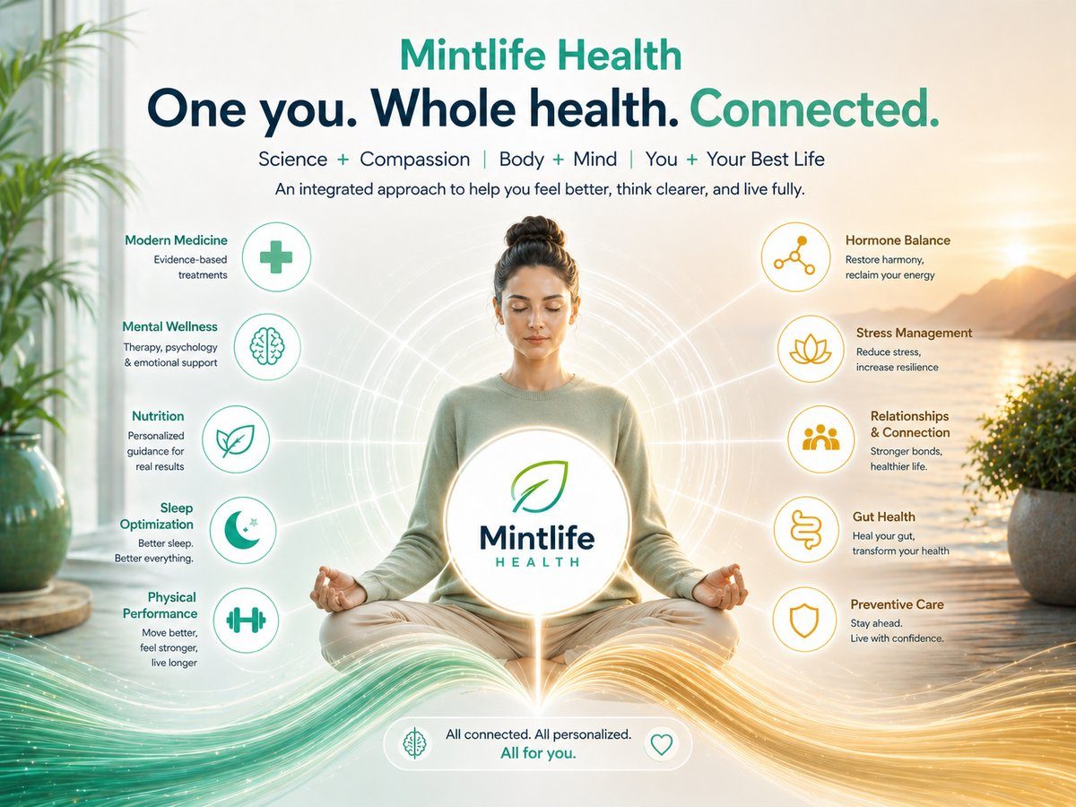 Mintlife Health — Whole Health Infographic showing the ten pillars of optimal wellness: Modern Medicine, Mental Wellness, Nutrition, Sleep, Physical Performance, Hormone Balance, Stress Management, Relationships, Gut Health, and Preventive Care. Body. Mind. Life. Connected.